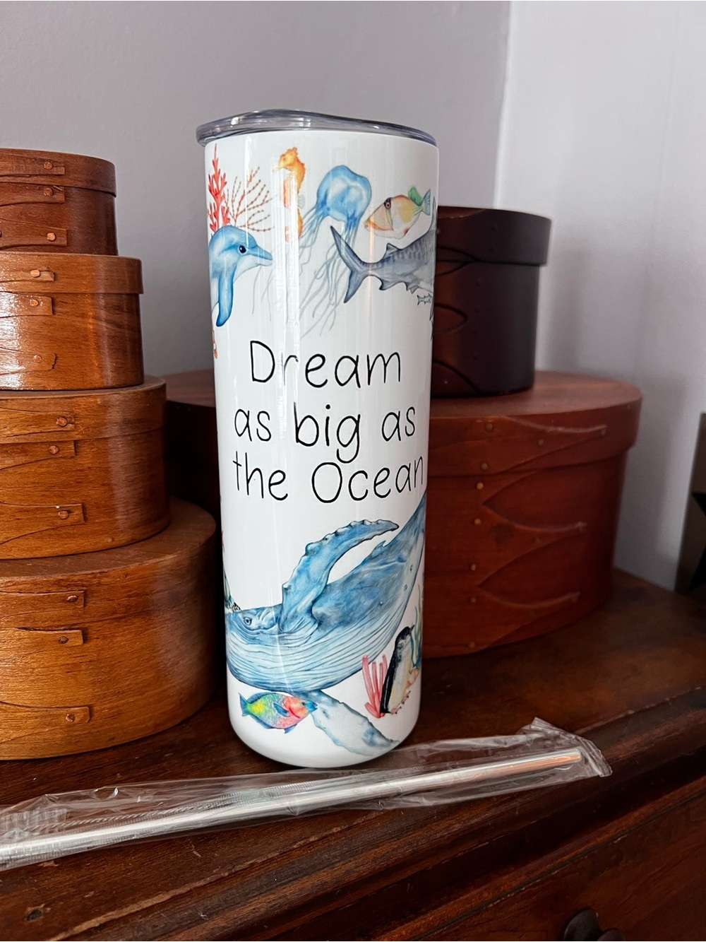 White Ocean-Theme Stainless Steel Tumbler - "Dream as Big as the Ocean"